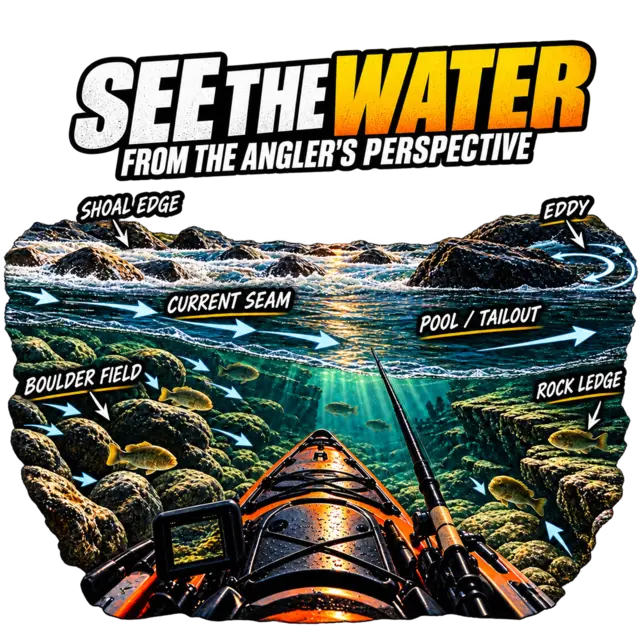 See the Water: a view from a fishing kayak with illustrated current arrows and labels for shoal edge, eddy, current seam, pool and tailout, boulder field, and rock ledge.